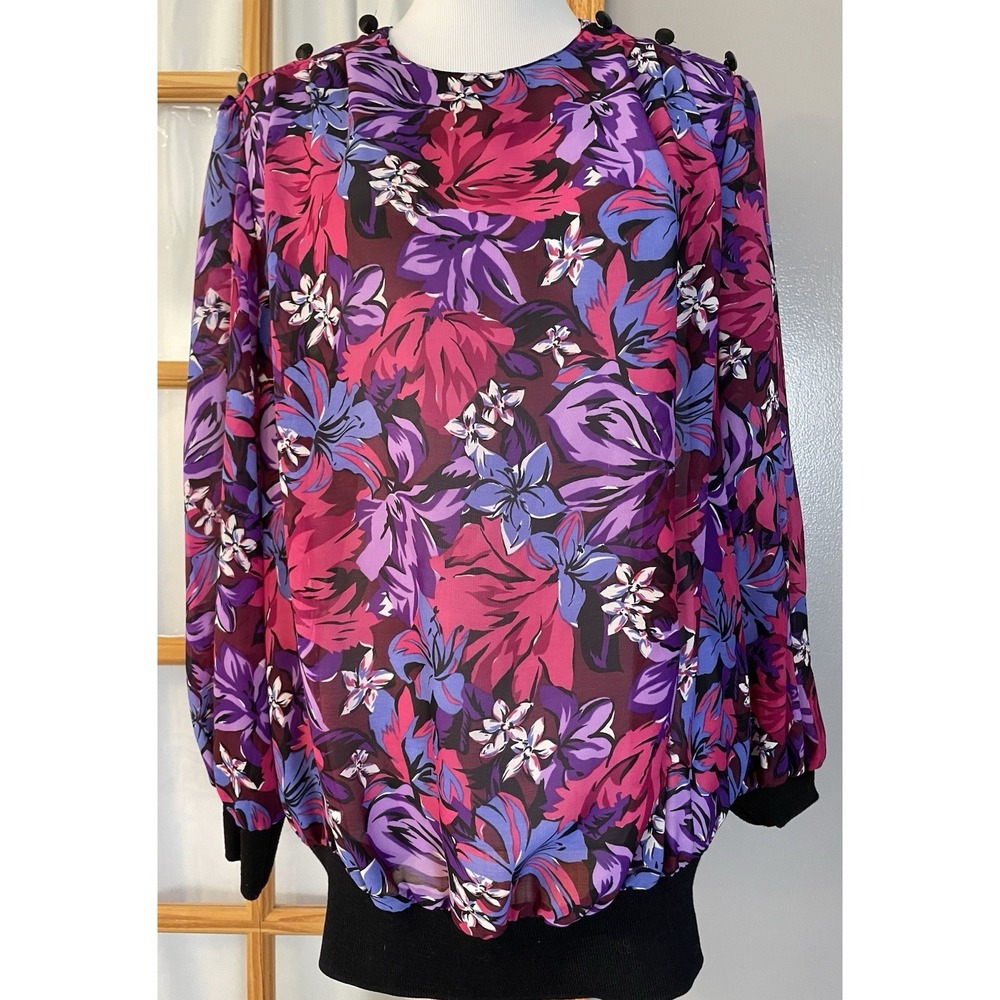 Vtg 80s Risa Ann Floral Blouse XL Purple Pink Ribbed Waist Buttons Pleated